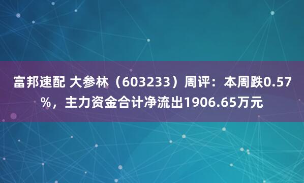 富邦速配 大参林（603233）周评：本周跌0.57%，主力资金合计净流出1906.65万元